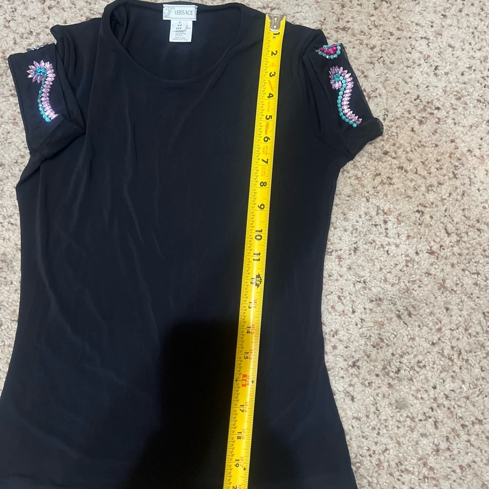 Versace Black Jersey knit Stretch Fitted Embellish Short Sleeve Blouse Top  sz S - Picture 11 of 11